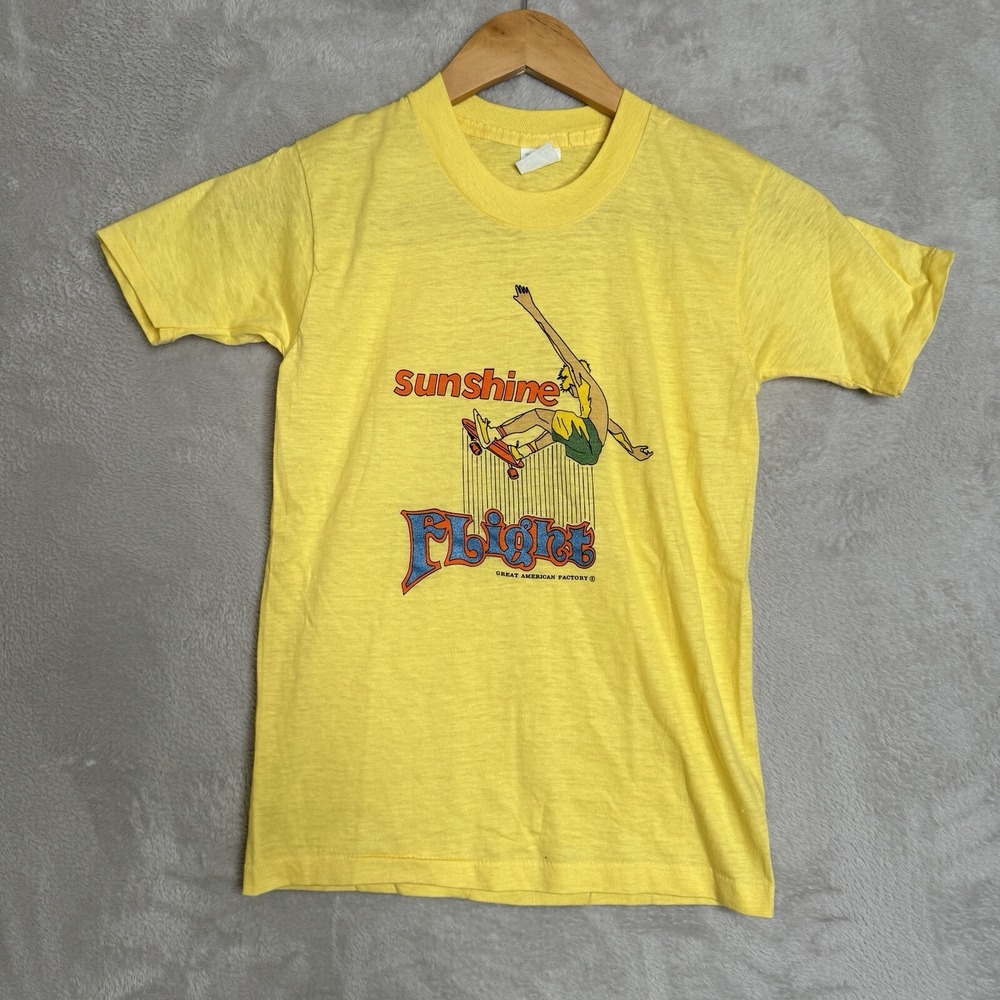 Vintage 80s Early Skate Women's Baby Tee Sunshine Flight Shirt Sz Large Preowned
